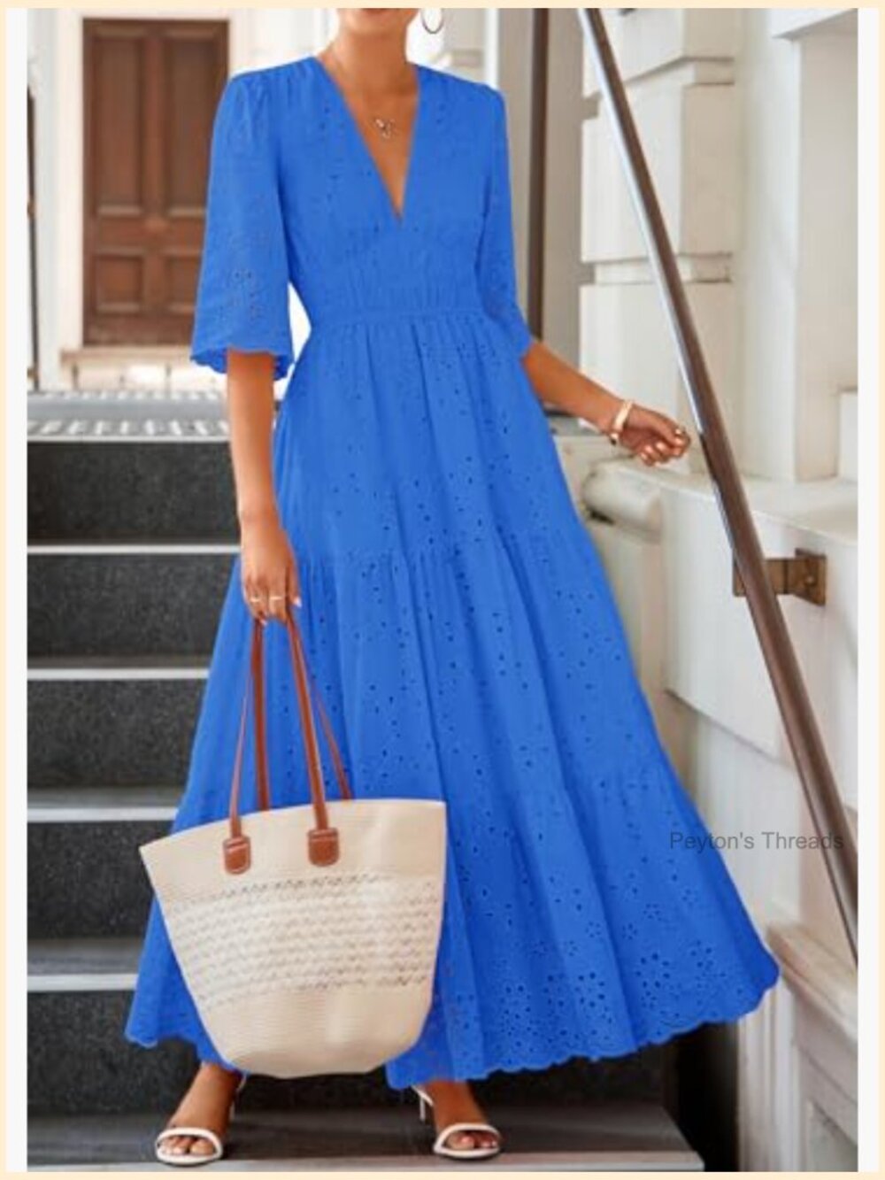 Long Sleeve Maxi Dress V Neck Hollow Out Eyelet Ruffle Swing A-Line Fall Boho - Picture 6 of 7